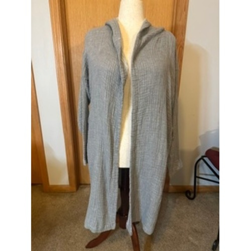 Eileen Fisher Grey Organic Cotton Gauze Hooded Cardigan Robe Pockets Womens